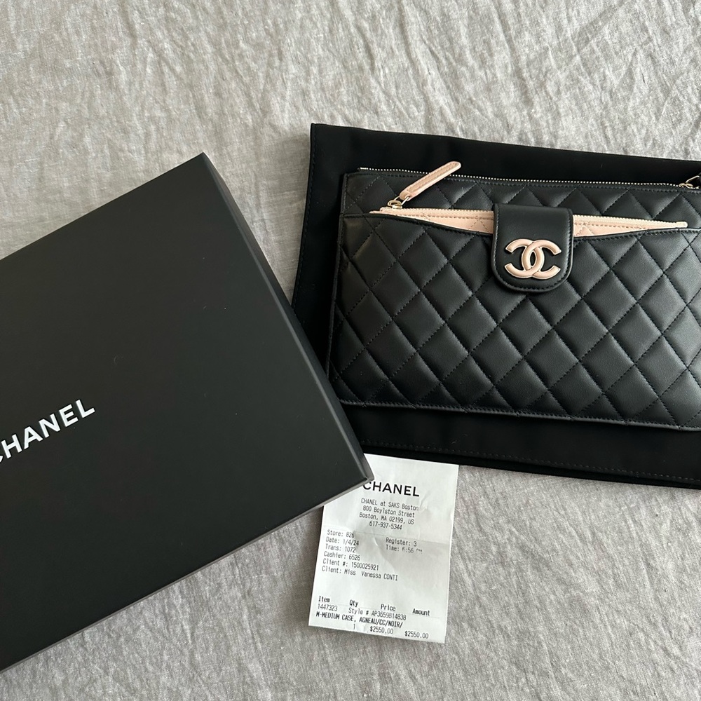 CHANEL Black and Pink Quilted Clutch